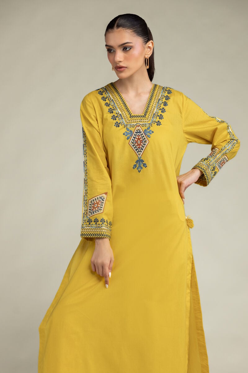 Embroidered | Cambric | Yellow Longline Kurta | USD 40.00