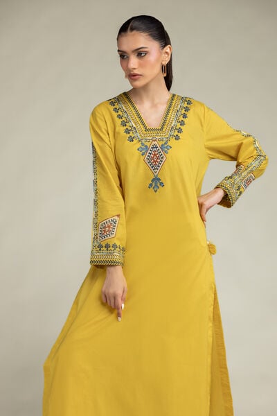 Embroidered | Cambric | Yellow Longline Kurta | USD 40.00