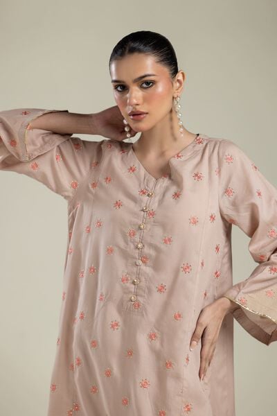 Embroidered | Textured Weave | Floral V-Neck Kurta | USD 40.00