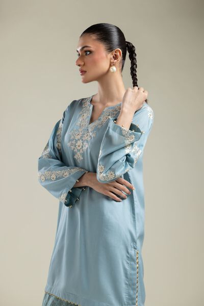 Embroidered | Textured Weave | V-Neck Short Kurta | USD 40.00