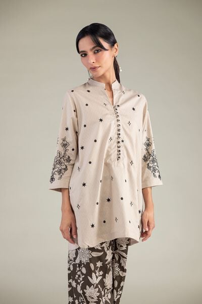 Embroidered | Cotton Dobby | Beige Floral Kurta | USD 40.00