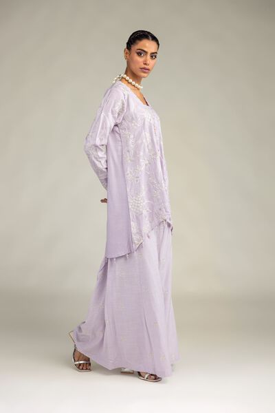Embroidered | Raw Silk | Silk Lavender Pants | USD 40.00