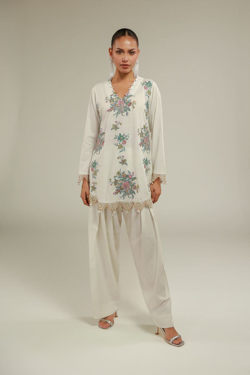 Embroidered | Raw Silk | Floral V-Neck Kurta | USD 70.00