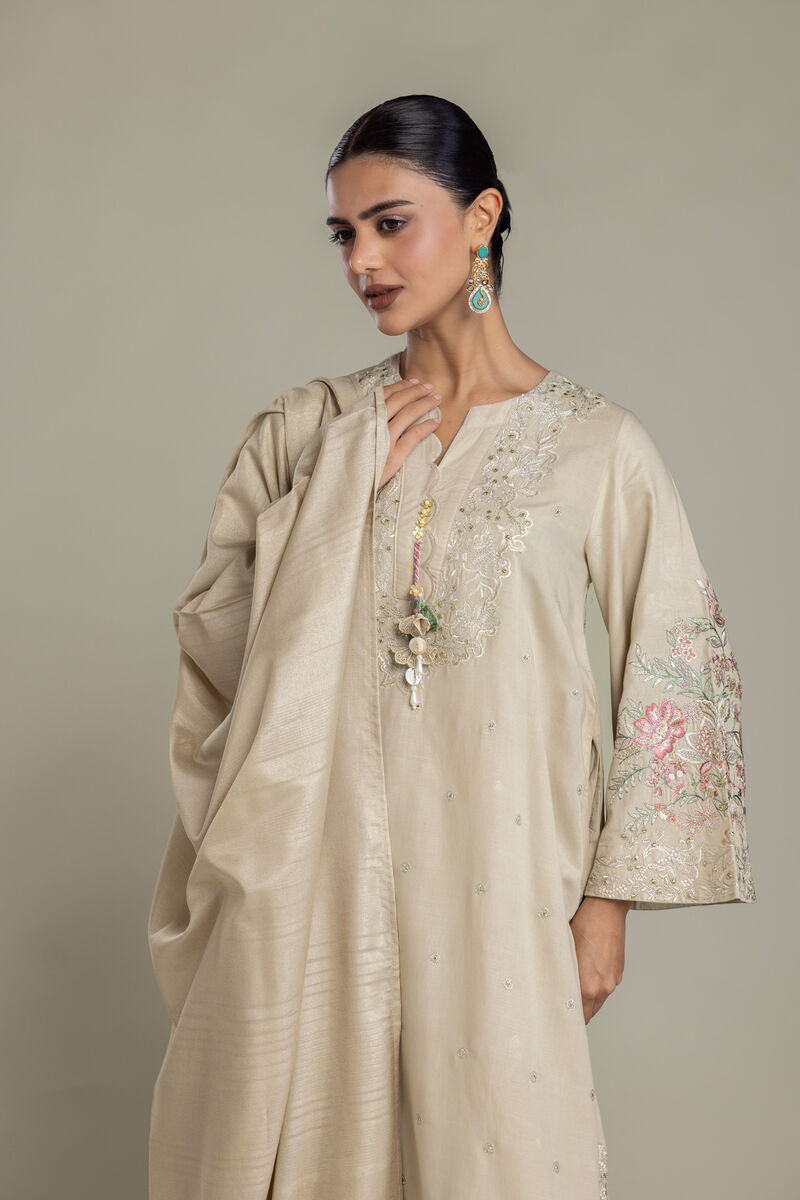 Embroidered | Polyester Silk | Beige Silk Dupatta | USD 35.00