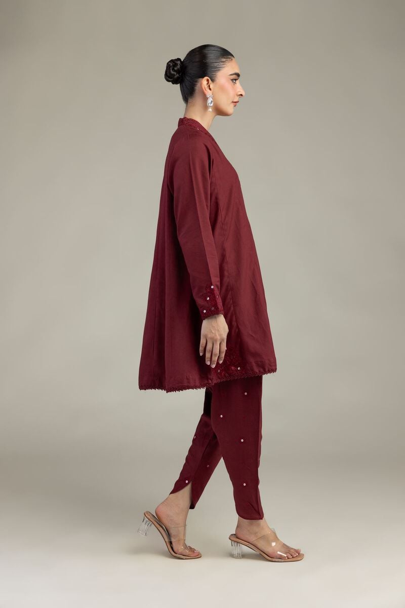 Embroidered | Raw Silk | Maroon V-Neck Kurta | USD 45.00
