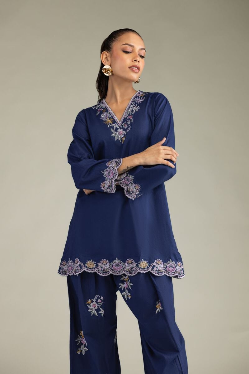 Embroidered | Cambric | Cambric Navy Kurta | USD 45.00