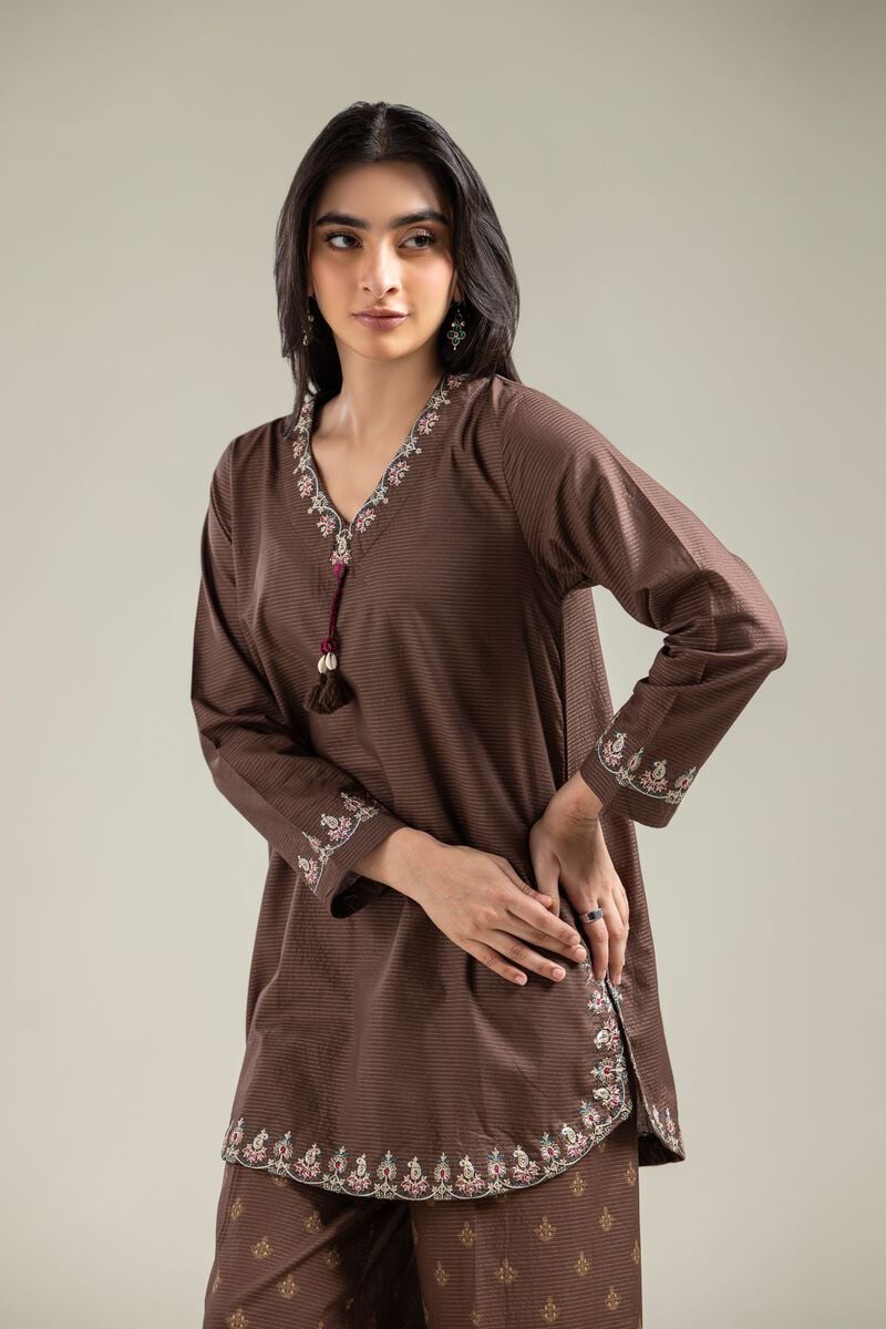 Embroidered | Mesuri | Brown V-Neck Kurta | USD 35.00