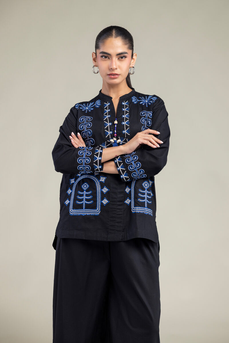 Embroidered | Cambric | Black V-neck Tunic | USD 40.00
