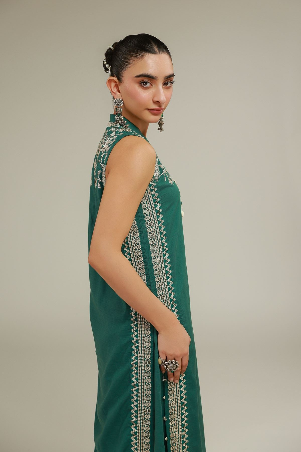 Kurta a trapezio in misto seta stampata verde mare Libas con Sharara